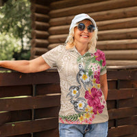 Hawaiian Tropical Flowers and Tribal Turtles Women Polo Shirt Polynesian Art Motifs Beige Color LT03 - Polynesian Pride