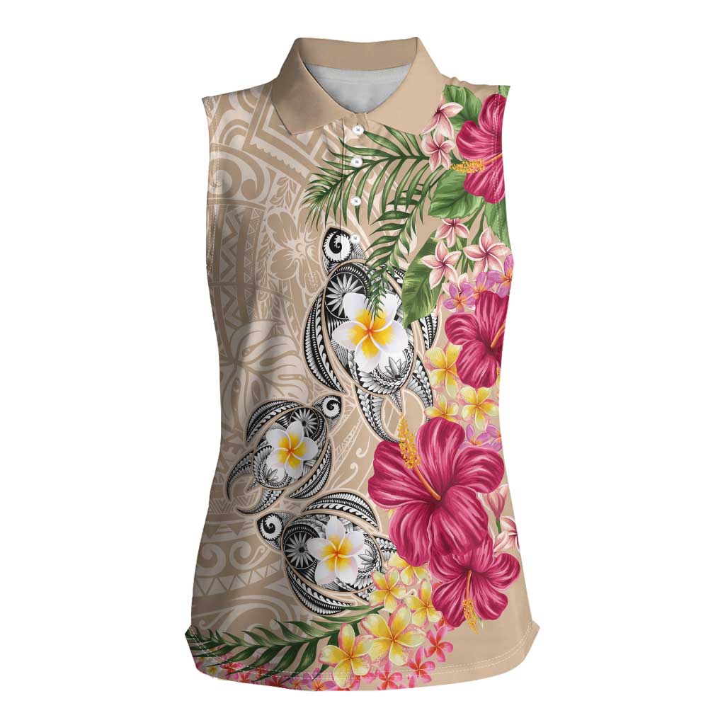 Hawaiian Tropical Flowers and Tribal Turtles Women Sleeveless Polo Shirt Polynesian Art Motifs Beige Color LT03 Female Beige - Polynesian Pride