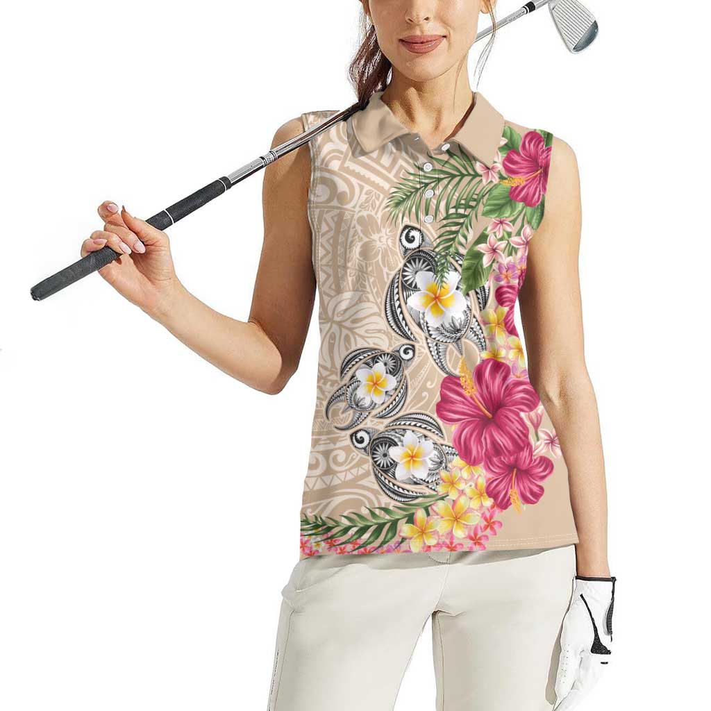 Hawaiian Tropical Flowers and Tribal Turtles Women Sleeveless Polo Shirt Polynesian Art Motifs Beige Color LT03 - Polynesian Pride