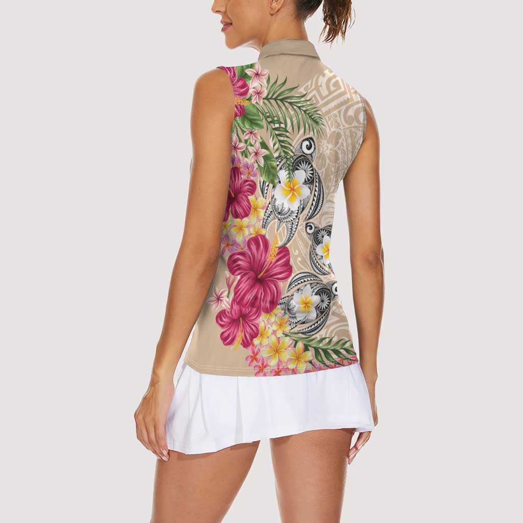 Hawaiian Tropical Flowers and Tribal Turtles Women Sleeveless Polo Shirt Polynesian Art Motifs Beige Color LT03 - Polynesian Pride