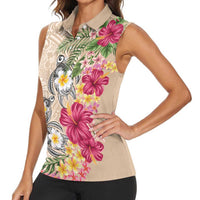 Hawaiian Tropical Flowers and Tribal Turtles Women Sleeveless Polo Shirt Polynesian Art Motifs Beige Color LT03 - Polynesian Pride