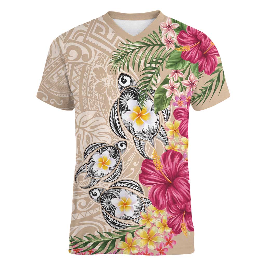 Hawaiian Tropical Flowers and Tribal Turtles Women V-Neck T-Shirt Polynesian Art Motifs Beige Color LT03 Female Beige - Polynesian Pride