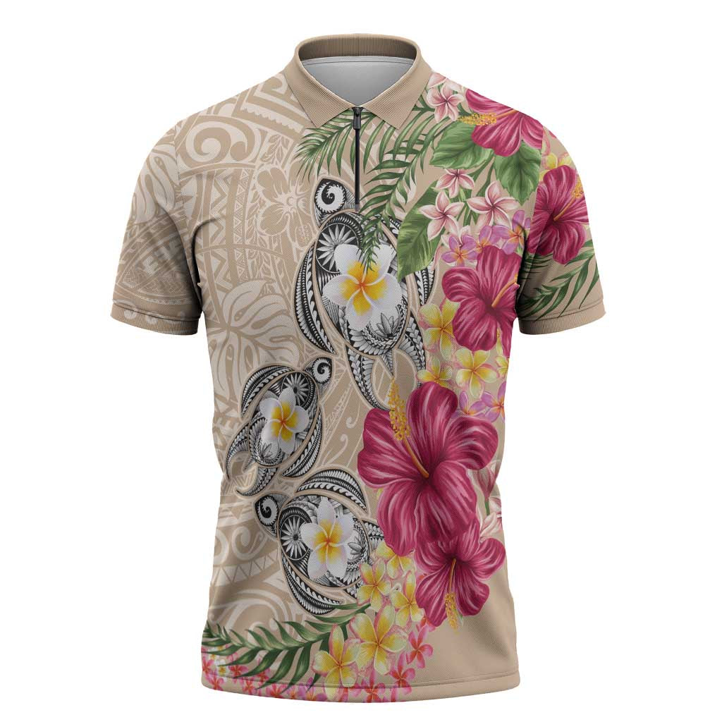 Hawaiian Tropical Flowers and Tribal Turtles Zipper Polo Shirt Polynesian Art Motifs Beige Color - Polynesian Pride
