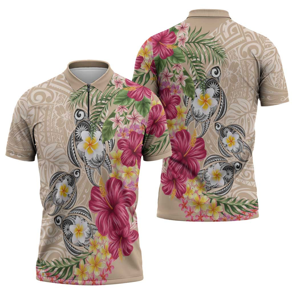 Hawaiian Tropical Flowers and Tribal Turtles Zipper Polo Shirt Polynesian Art Motifs Beige Color LT03 - Polynesian Pride
