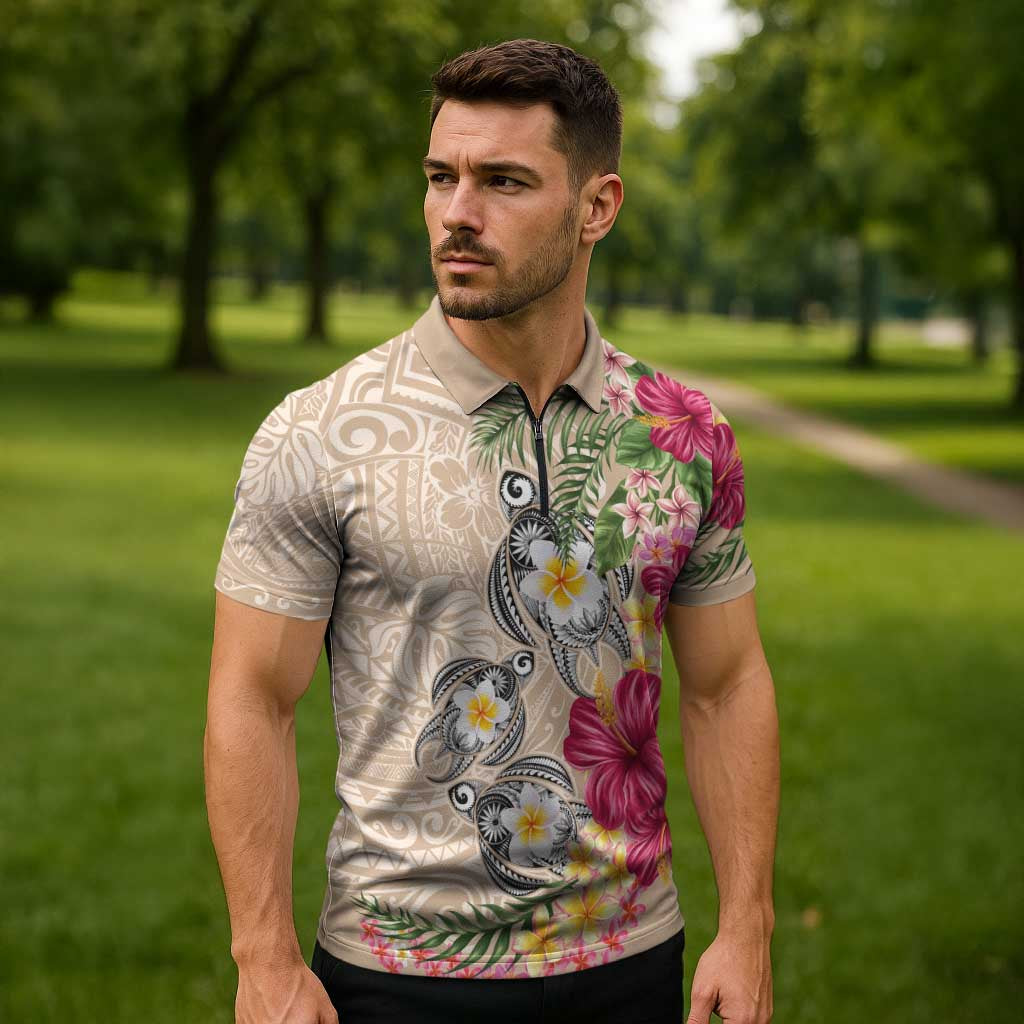 Hawaiian Tropical Flowers and Tribal Turtles Zipper Polo Shirt Polynesian Art Motifs Beige Color LT03 - Polynesian Pride