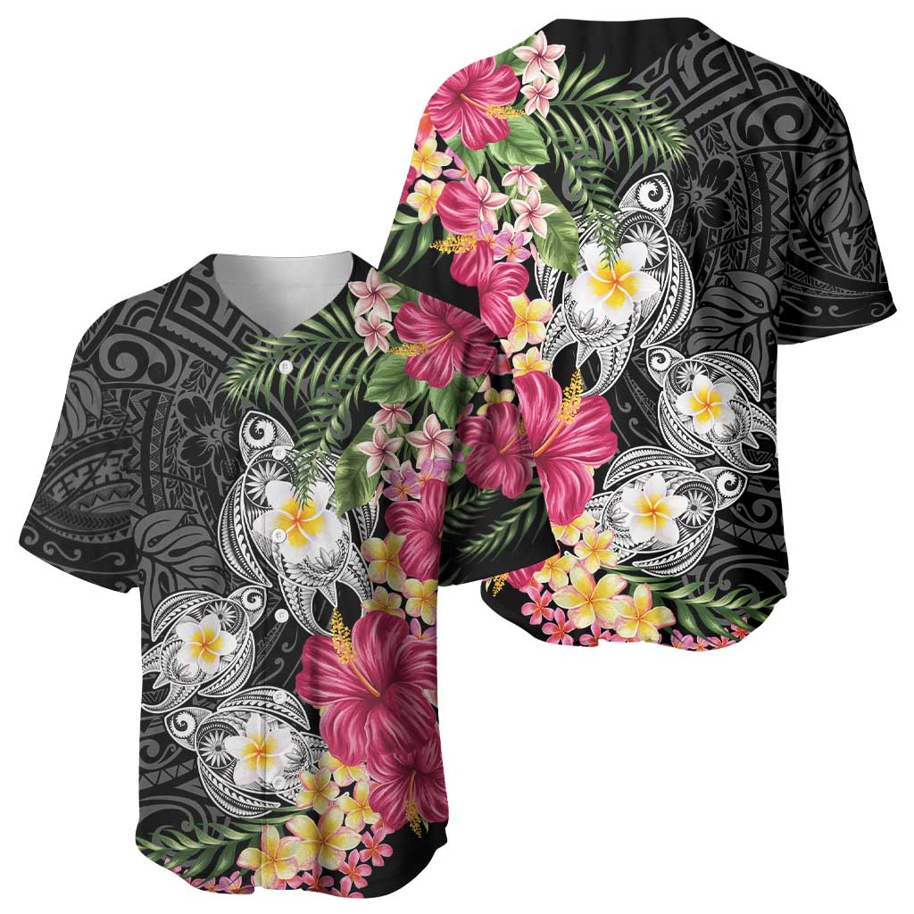Hawaiian Tropical Flowers and Tribal Turtles Baseball Jersey Polynesian Art Motifs Black Color - Polynesian Pride