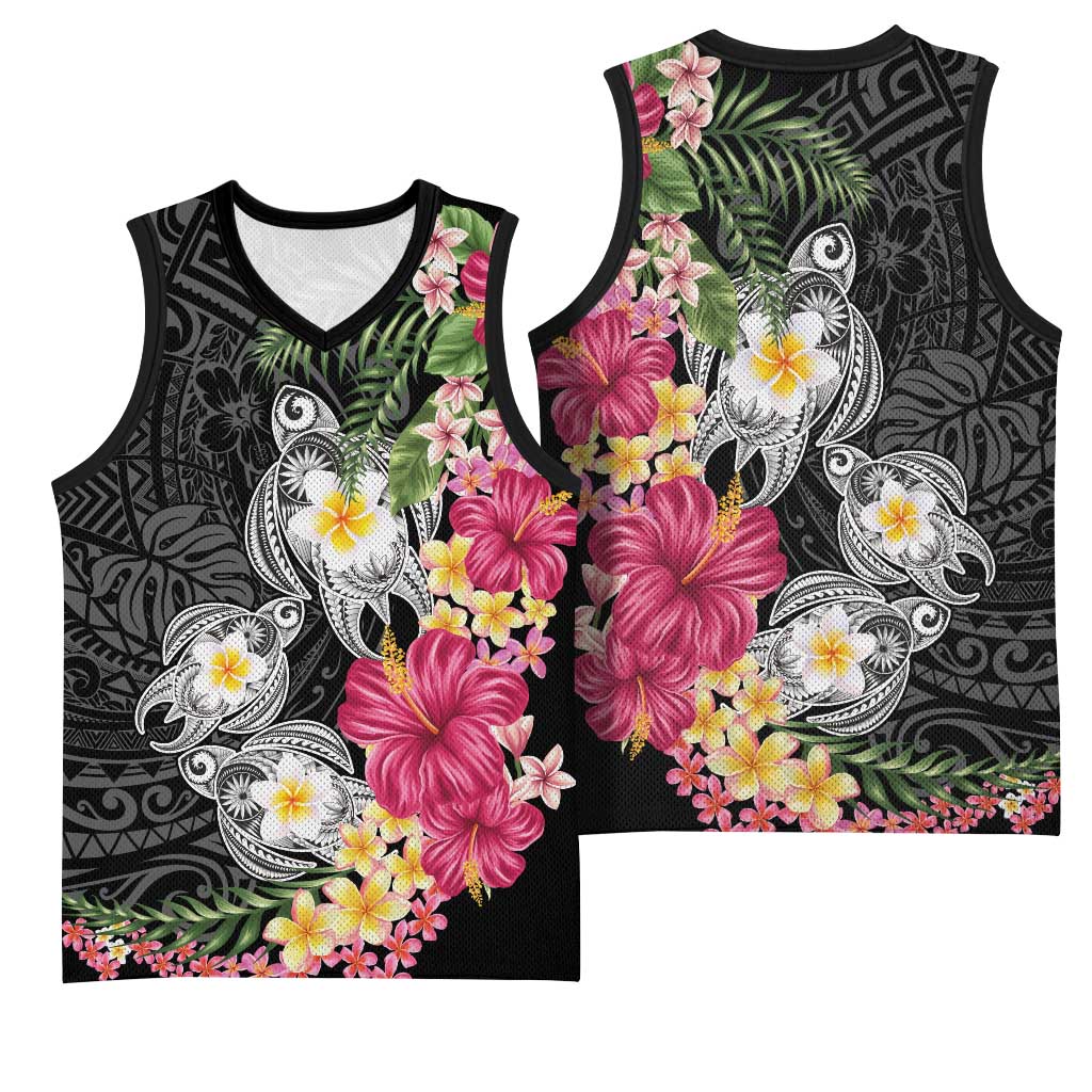 Hawaiian Tropical Flowers and Tribal Turtles Basketball Jersey Polynesian Art Motifs Black Color LT03 - Polynesian Pride