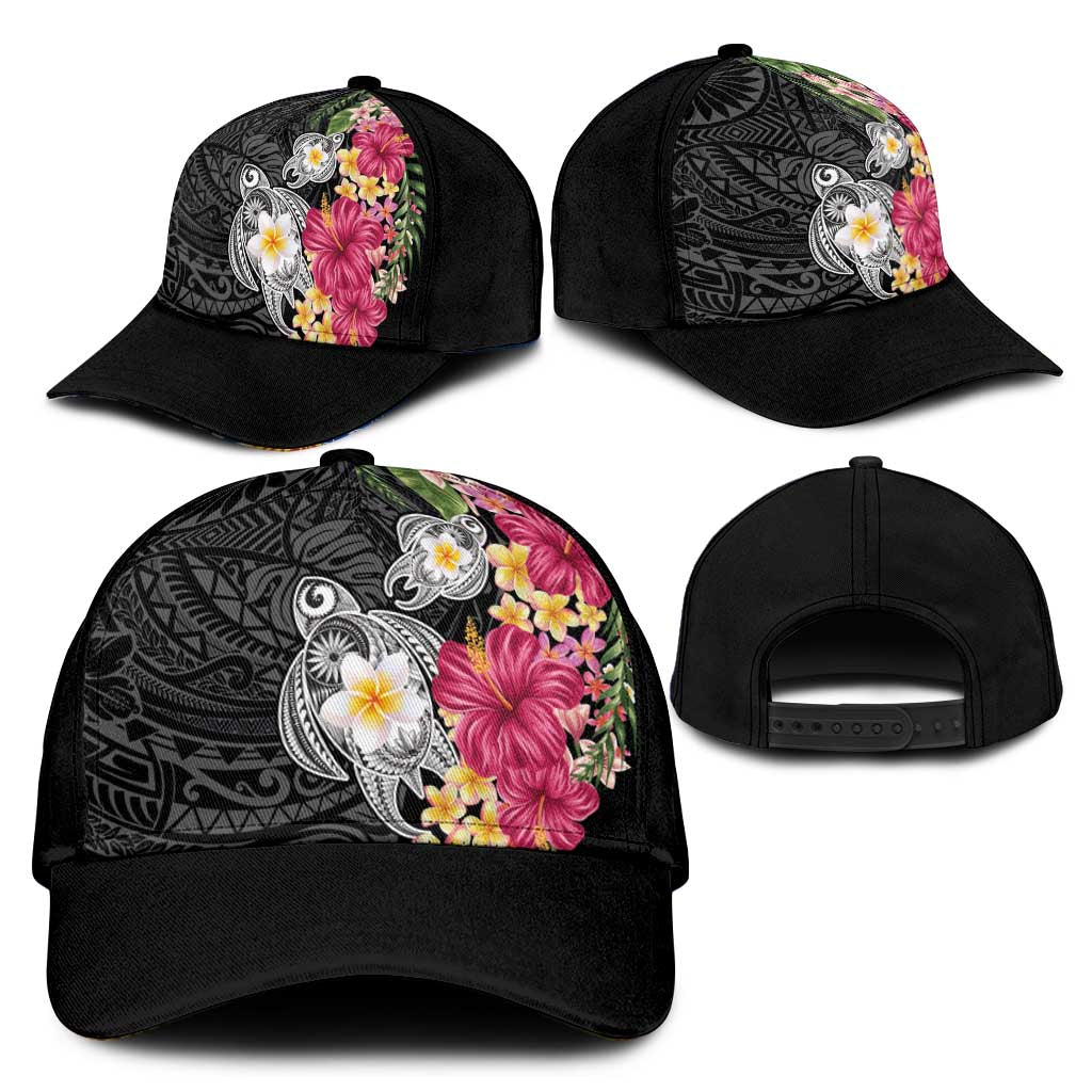 Hawaiian Tropical Flowers and Tribal Turtles Classic Cap Polynesian Art Motifs Black Color - Polynesian Pride