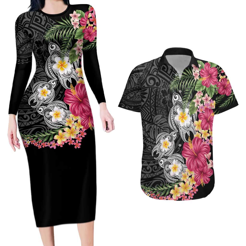 Hawaiian Tropical Flowers and Tribal Turtles Couples Matching Long Sleeve Bodycon Dress and Hawaiian Shirt Polynesian Art Motifs Black Color LT03 Black - Polynesian Pride