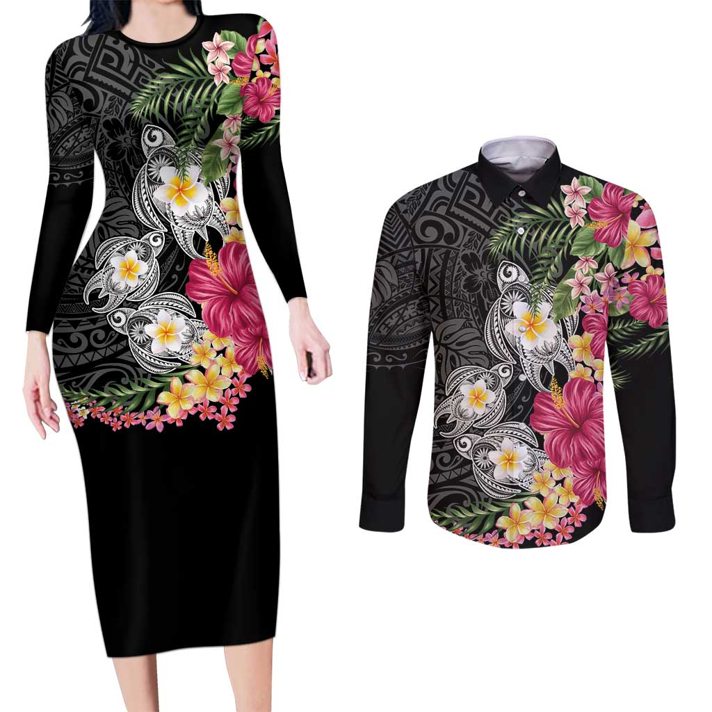 Hawaiian Tropical Flowers and Tribal Turtles Couples Matching Long Sleeve Bodycon Dress and Long Sleeve Button Shirt Polynesian Art Motifs Black Color LT03 Black - Polynesian Pride