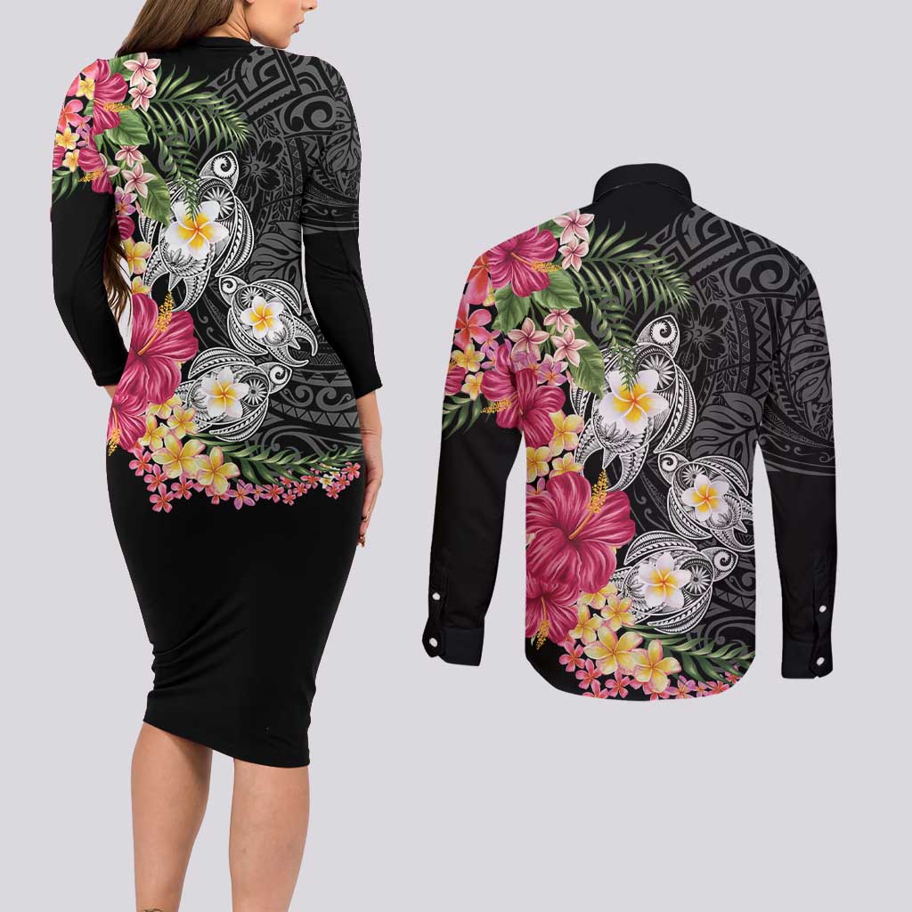 Hawaiian Tropical Flowers and Tribal Turtles Couples Matching Long Sleeve Bodycon Dress and Long Sleeve Button Shirt Polynesian Art Motifs Black Color LT03 - Polynesian Pride