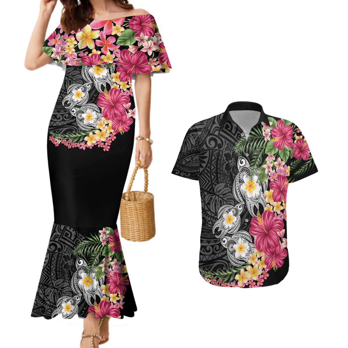 Hawaiian Tropical Flowers and Tribal Turtles Couples Matching Mermaid Dress and Hawaiian Shirt Polynesian Art Motifs Black Color LT03 Black - Polynesian Pride