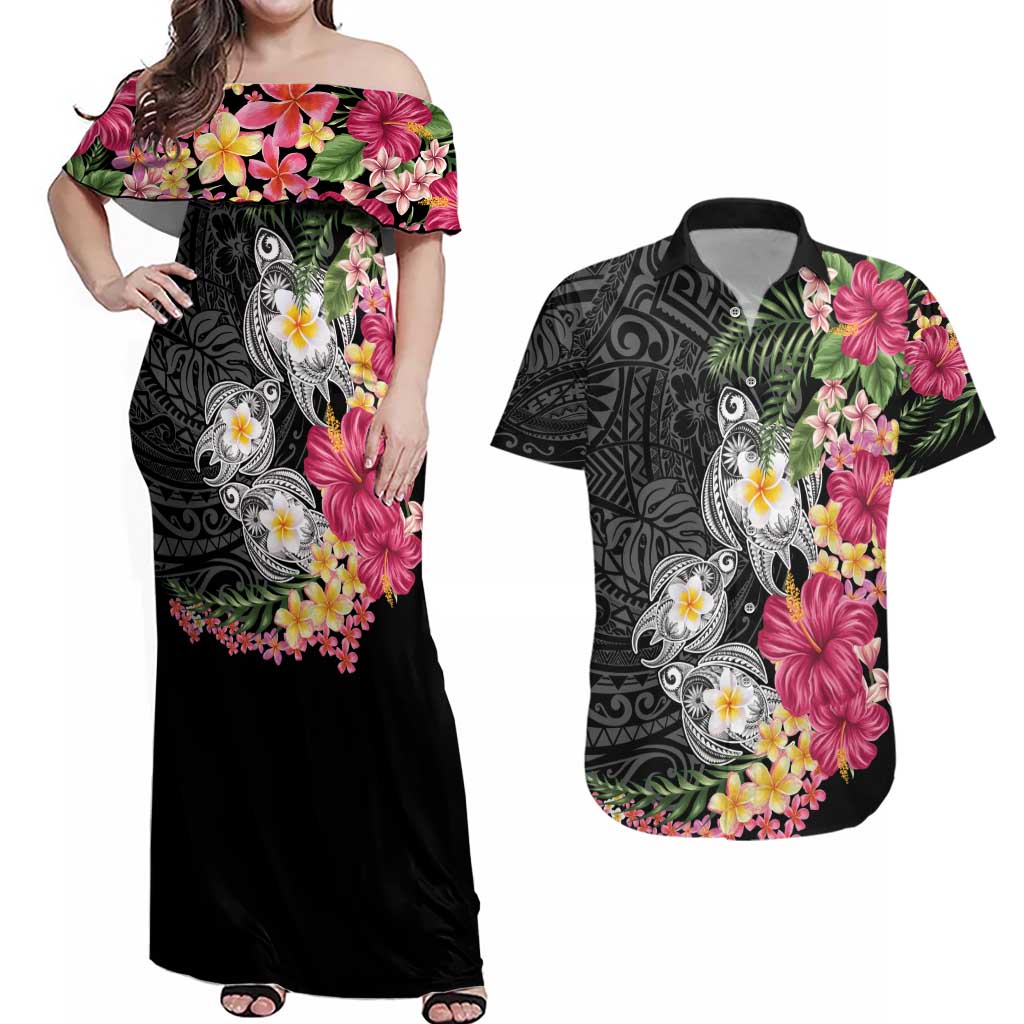 Hawaiian Tropical Flowers and Tribal Turtles Couples Matching Off Shoulder Maxi Dress and Hawaiian Shirt Polynesian Art Motifs Black Color LT03 Black - Polynesian Pride
