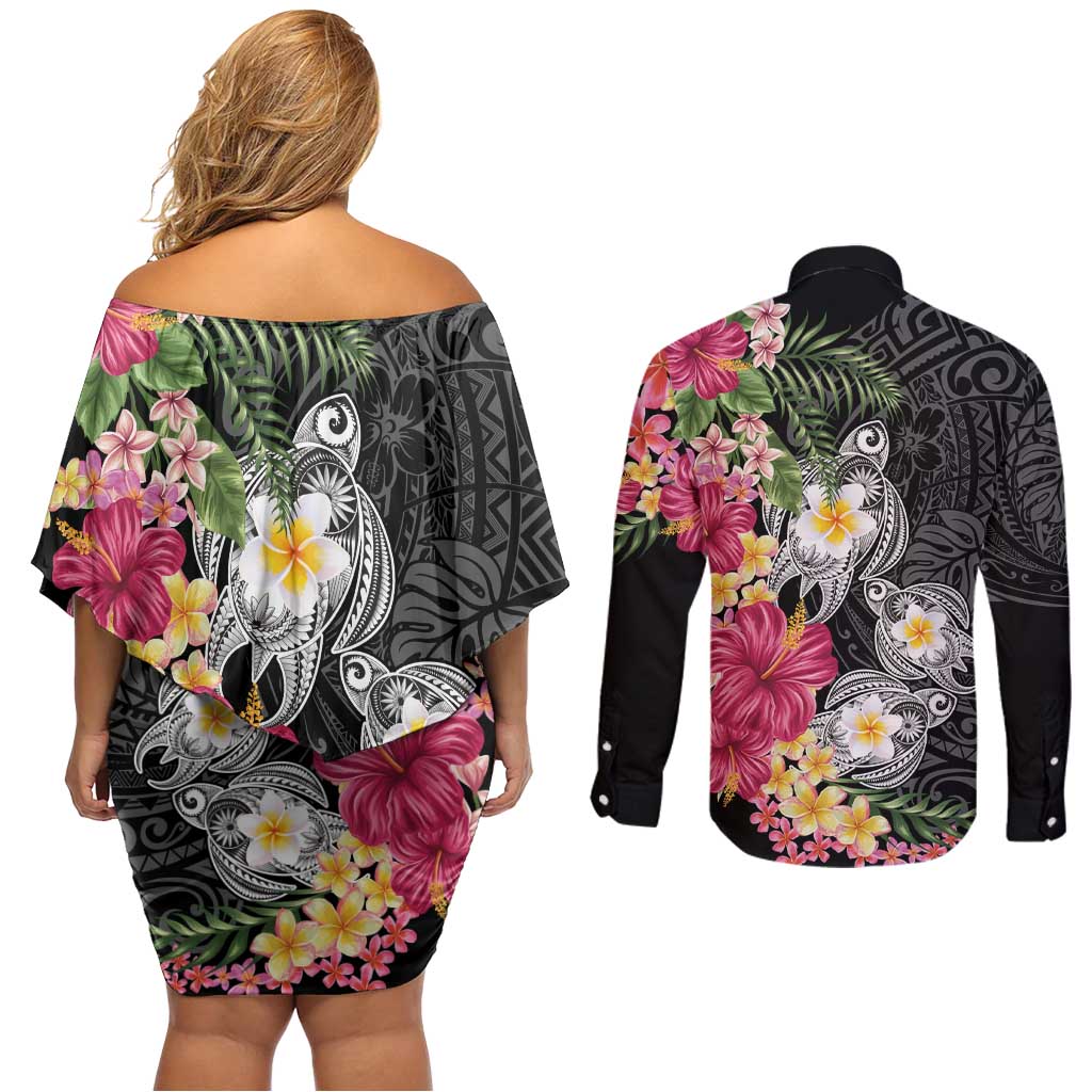 Hawaiian Tropical Flowers and Tribal Turtles Couples Matching Off Shoulder Short Dress and Long Sleeve Button Shirt Polynesian Art Motifs Black Color LT03 - Polynesian Pride