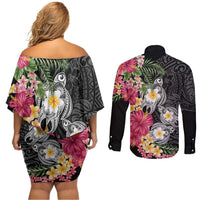 Hawaiian Tropical Flowers and Tribal Turtles Couples Matching Off Shoulder Short Dress and Long Sleeve Button Shirt Polynesian Art Motifs Black Color LT03 - Polynesian Pride
