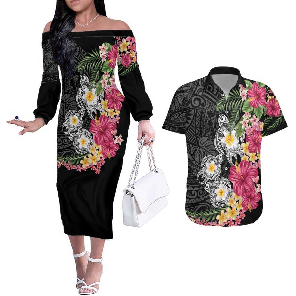Hawaiian Tropical Flowers and Tribal Turtles Couples Matching Off The Shoulder Long Sleeve Dress and Hawaiian Shirt Polynesian Art Motifs Black Color LT03 Black - Polynesian Pride