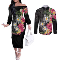 Hawaiian Tropical Flowers and Tribal Turtles Couples Matching Off The Shoulder Long Sleeve Dress and Long Sleeve Button Shirt Polynesian Art Motifs Black Color LT03 Black - Polynesian Pride