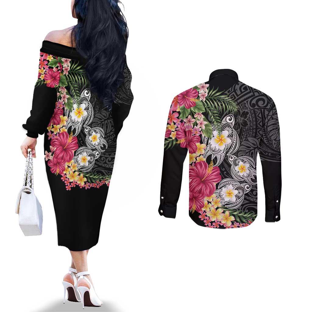 Hawaiian Tropical Flowers and Tribal Turtles Couples Matching Off The Shoulder Long Sleeve Dress and Long Sleeve Button Shirt Polynesian Art Motifs Black Color LT03 - Polynesian Pride