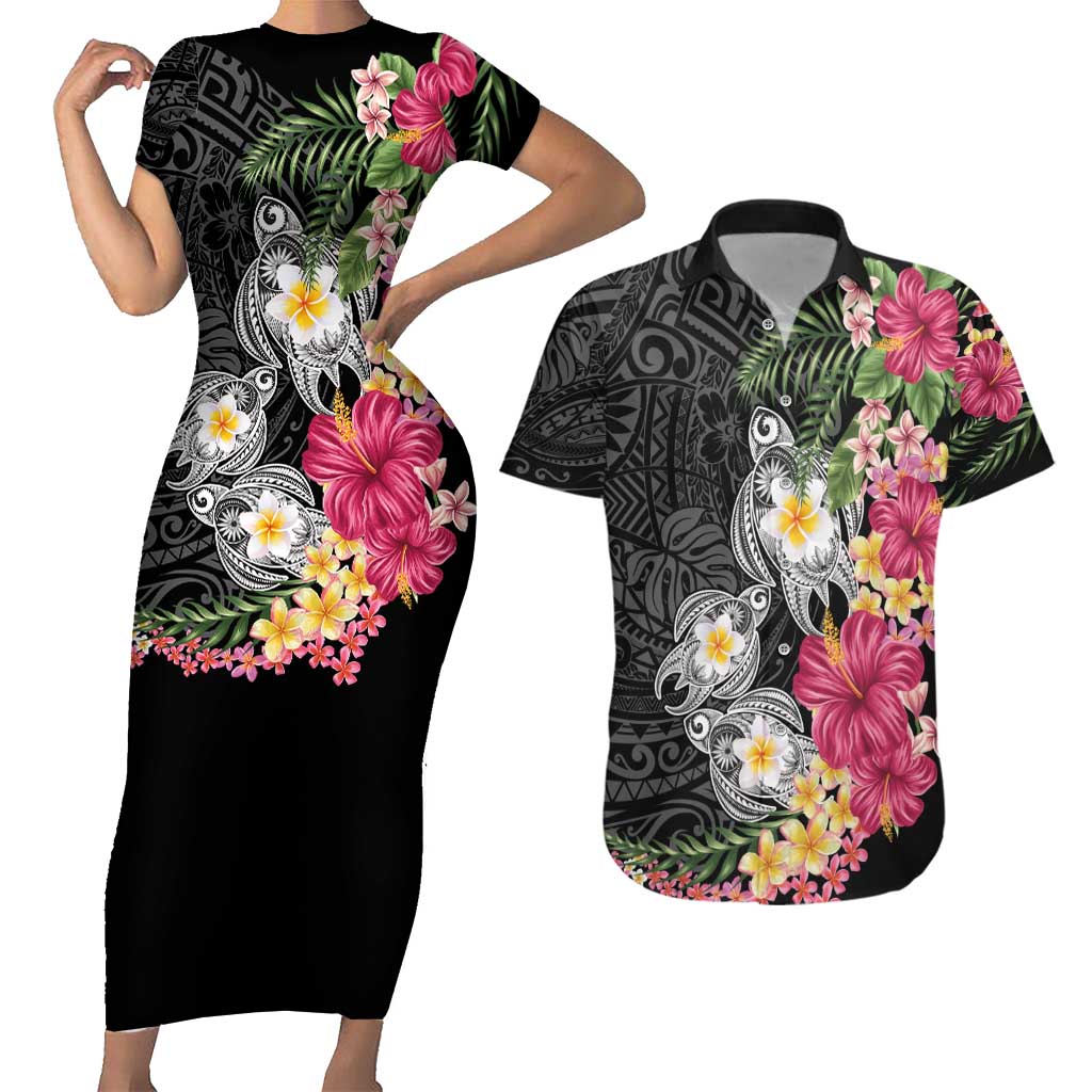 Hawaiian Tropical Flowers and Tribal Turtles Couples Matching Short Sleeve Bodycon Dress and Hawaiian Shirt Polynesian Art Motifs Black Color LT03 Black - Polynesian Pride
