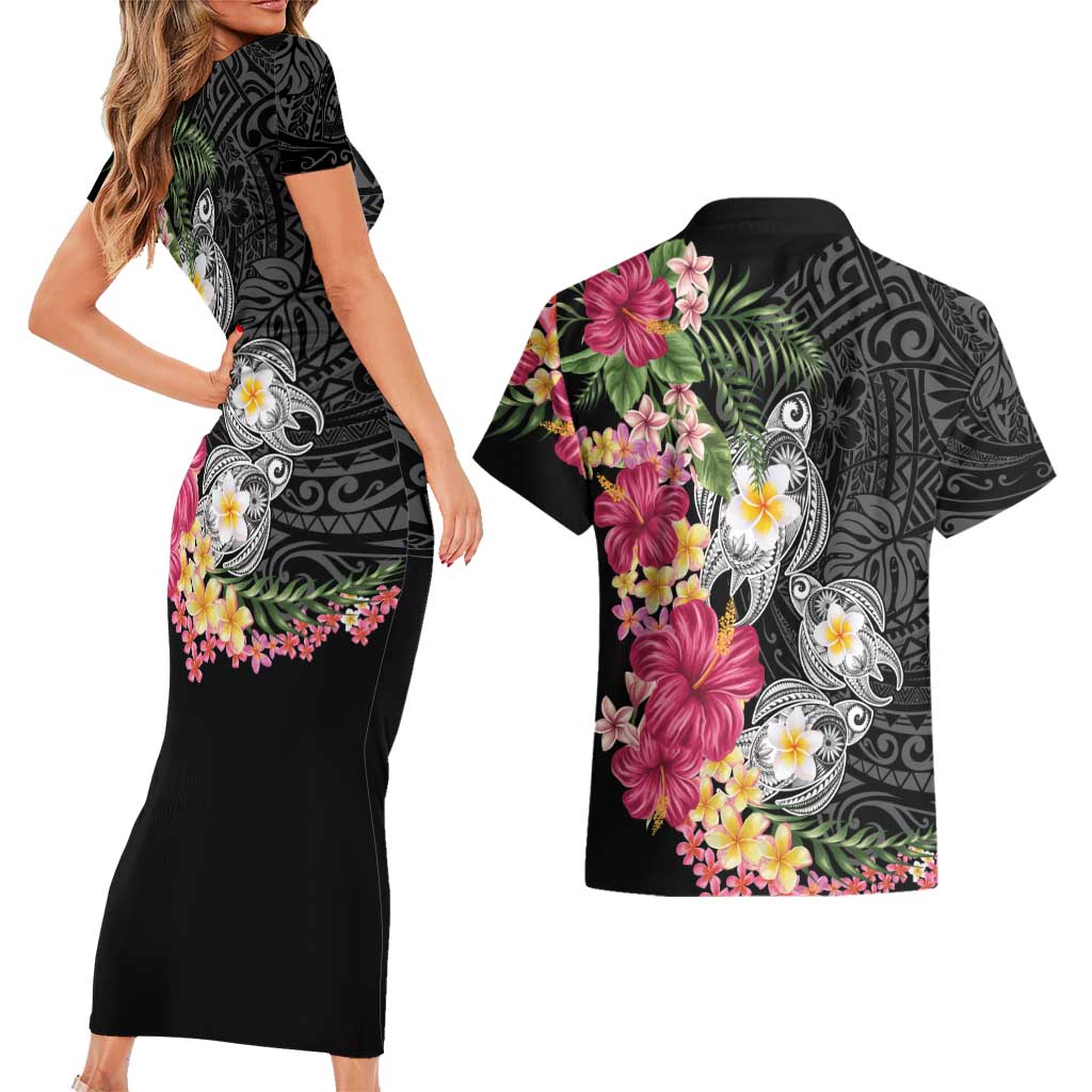 Hawaiian Tropical Flowers and Tribal Turtles Couples Matching Short Sleeve Bodycon Dress and Hawaiian Shirt Polynesian Art Motifs Black Color LT03 - Polynesian Pride