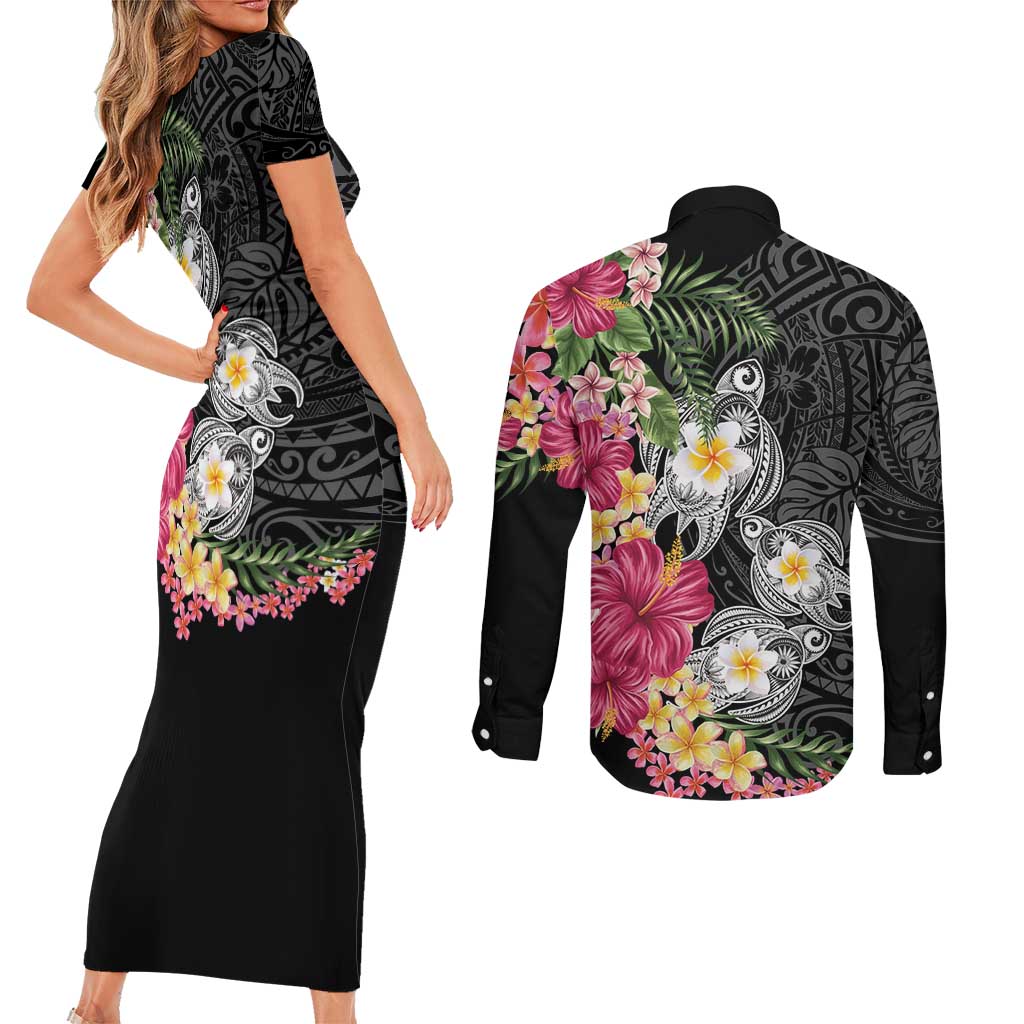 Hawaiian Tropical Flowers and Tribal Turtles Couples Matching Short Sleeve Bodycon Dress and Long Sleeve Button Shirt Polynesian Art Motifs Black Color LT03 - Polynesian Pride