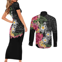 Hawaiian Tropical Flowers and Tribal Turtles Couples Matching Short Sleeve Bodycon Dress and Long Sleeve Button Shirt Polynesian Art Motifs Black Color LT03 - Polynesian Pride