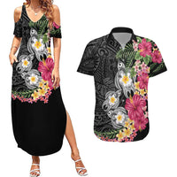 Hawaiian Tropical Flowers and Tribal Turtles Couples Matching Summer Maxi Dress and Hawaiian Shirt Polynesian Art Motifs Black Color LT03 Black - Polynesian Pride