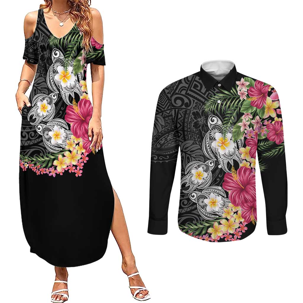 Hawaiian Tropical Flowers and Tribal Turtles Couples Matching Summer Maxi Dress and Long Sleeve Button Shirt Polynesian Art Motifs Black Color LT03 Black - Polynesian Pride