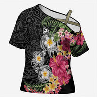 Hawaiian Tropical Flowers and Tribal Turtles Cross Shoulder Shirt Polynesian Art Motifs Black Color LT03 Female Black - Polynesian Pride