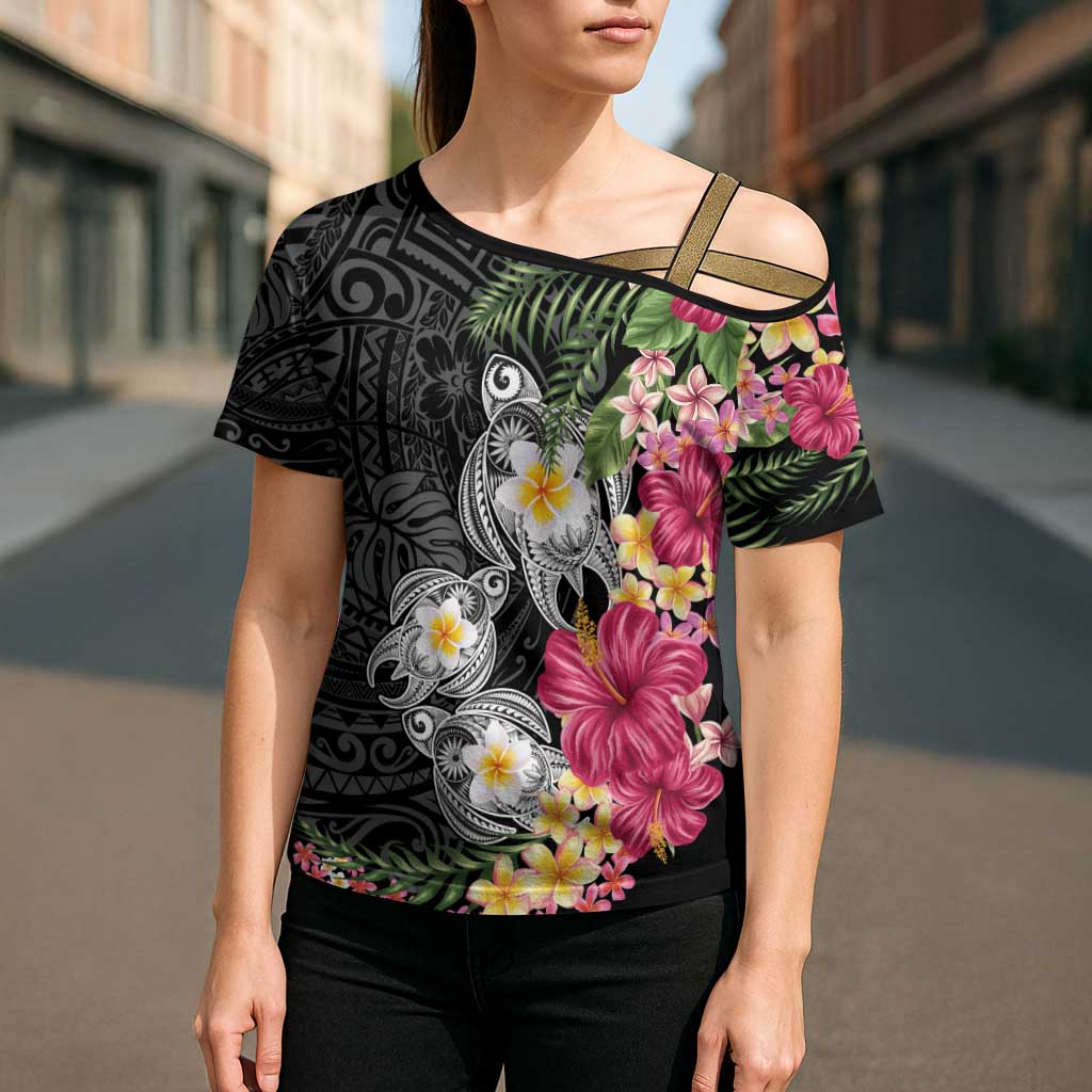 Hawaiian Tropical Flowers and Tribal Turtles Cross Shoulder Shirt Polynesian Art Motifs Black Color LT03 - Polynesian Pride