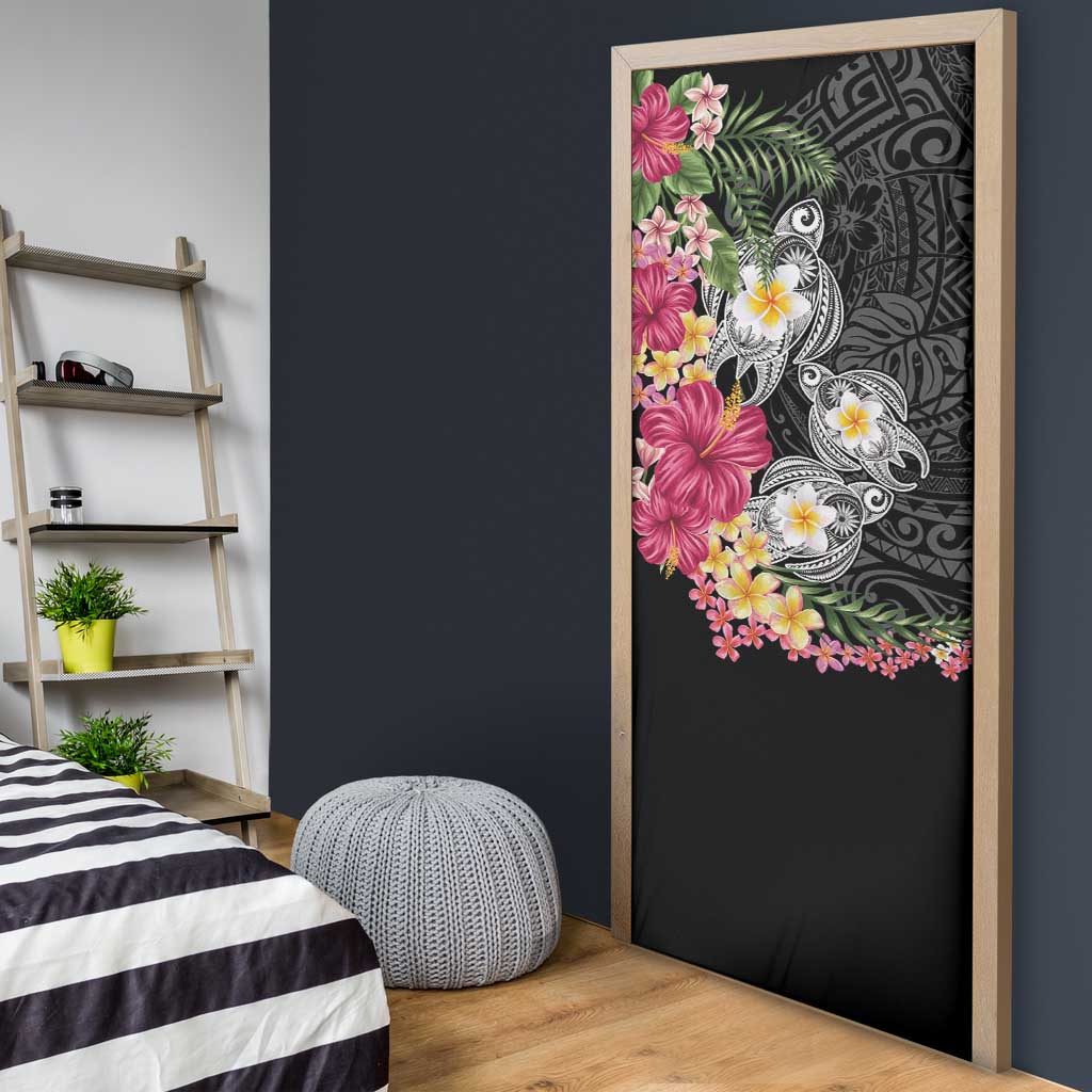 Hawaiian Tropical Flowers and Tribal Turtles Door Cover Polynesian Art Motifs Black Color LT03 - Polynesian Pride