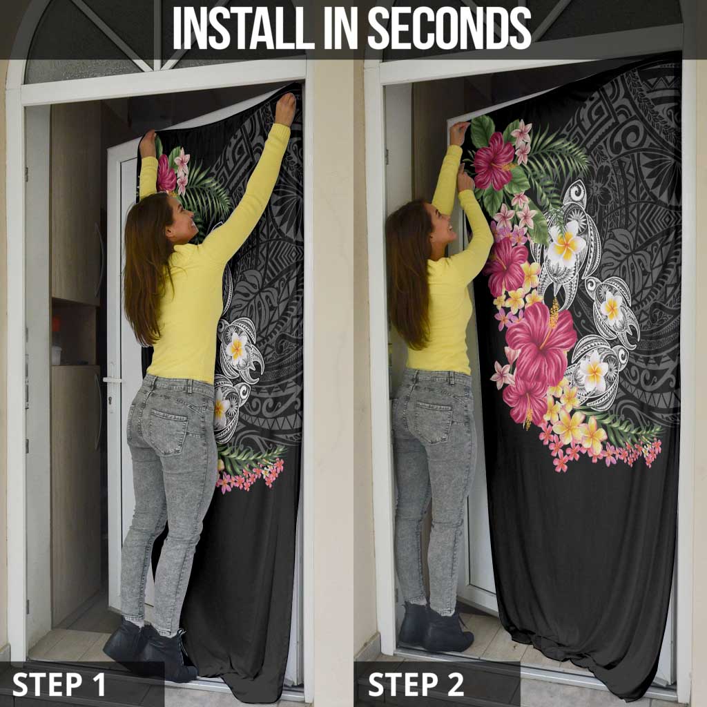 Hawaiian Tropical Flowers and Tribal Turtles Door Cover Polynesian Art Motifs Black Color LT03 - Polynesian Pride