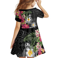 Hawaiian Tropical Flowers and Tribal Turtles Family Matching Off The Shoulder Long Sleeve Dress and Hawaiian Shirt Polynesian Art Motifs Black Color LT03 - Polynesian Pride