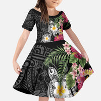 Hawaiian Tropical Flowers and Tribal Turtles Family Matching Off Shoulder Maxi Dress and Hawaiian Shirt Polynesian Art Motifs Black Color LT03 Daughter's Dress Black - Polynesian Pride