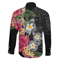 Hawaiian Tropical Flowers and Tribal Turtles Family Matching Off Shoulder Maxi Dress and Hawaiian Shirt Polynesian Art Motifs Black Color LT03 - Polynesian Pride