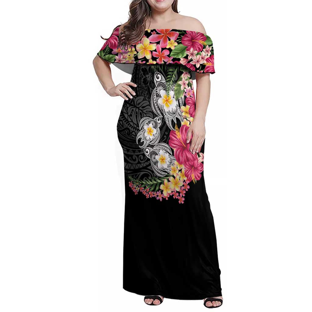Hawaiian Tropical Flowers and Tribal Turtles Family Matching Off Shoulder Maxi Dress and Hawaiian Shirt Polynesian Art Motifs Black Color LT03 Mom's Dress Black - Polynesian Pride