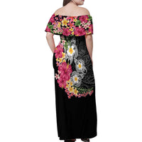 Hawaiian Tropical Flowers and Tribal Turtles Family Matching Off Shoulder Maxi Dress and Hawaiian Shirt Polynesian Art Motifs Black Color LT03 - Polynesian Pride
