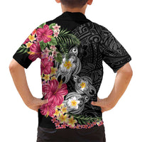 Hawaiian Tropical Flowers and Tribal Turtles Family Matching Off Shoulder Short Dress and Hawaiian Shirt Polynesian Art Motifs Black Color LT03 - Polynesian Pride