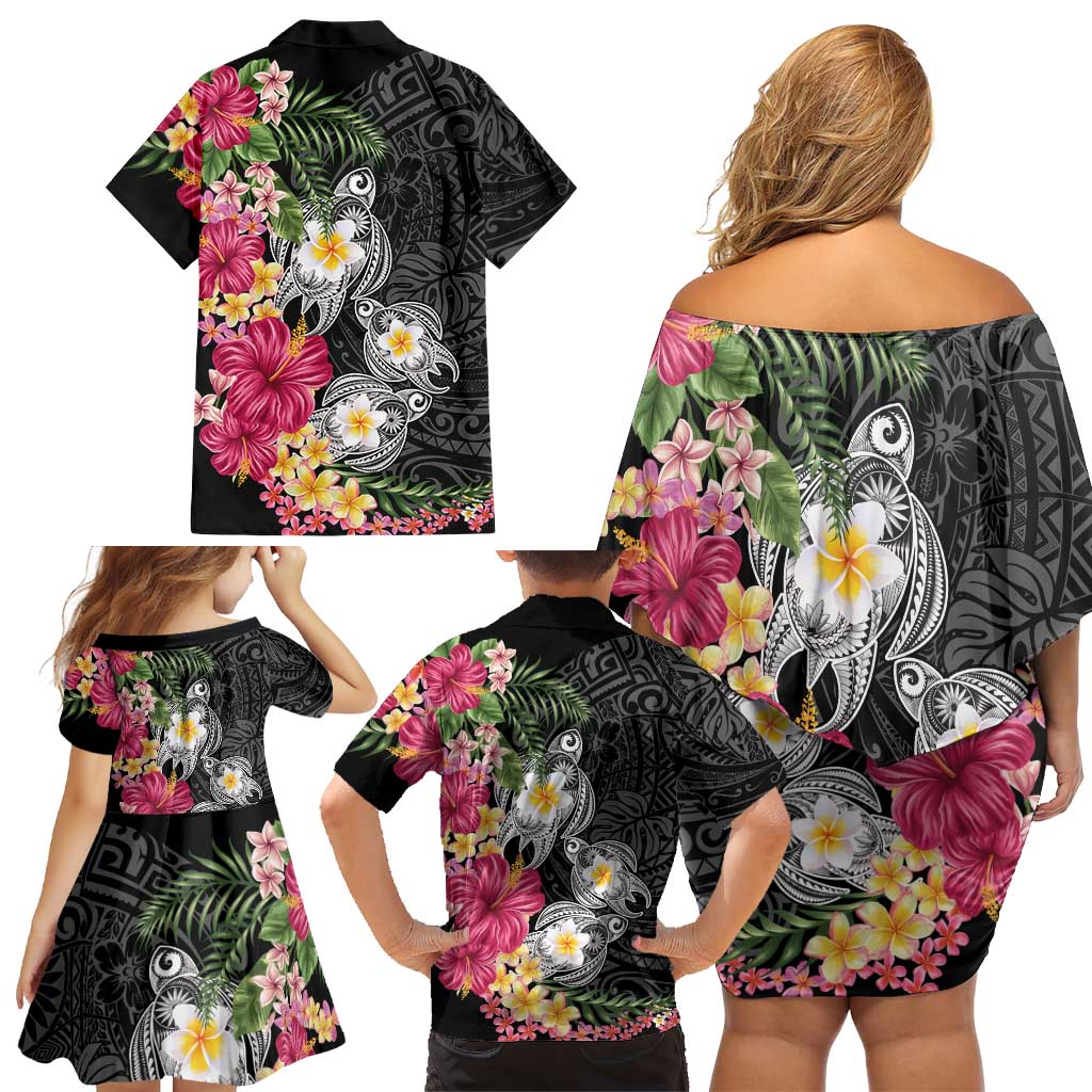 Hawaiian Tropical Flowers and Tribal Turtles Family Matching Off Shoulder Short Dress and Hawaiian Shirt Polynesian Art Motifs Black Color LT03 - Polynesian Pride