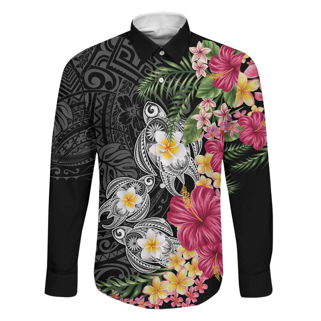 Hawaiian Tropical Flowers and Tribal Turtles Family Matching Off Shoulder Short Dress and Hawaiian Shirt Polynesian Art Motifs Black Color LT03 Dad's Shirt - Long Sleeve Black - Polynesian Pride