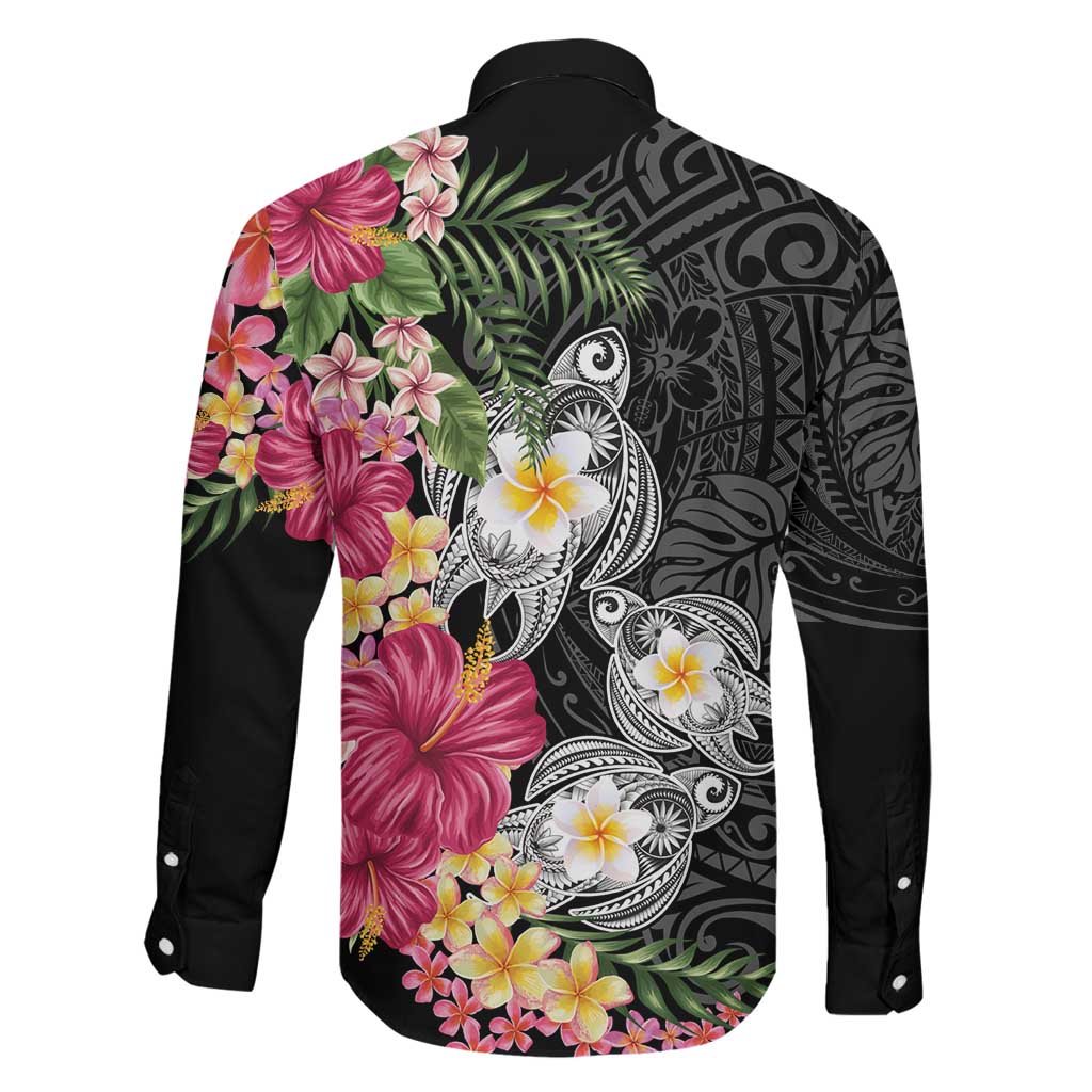 Hawaiian Tropical Flowers and Tribal Turtles Family Matching Off Shoulder Short Dress and Hawaiian Shirt Polynesian Art Motifs Black Color LT03 - Polynesian Pride