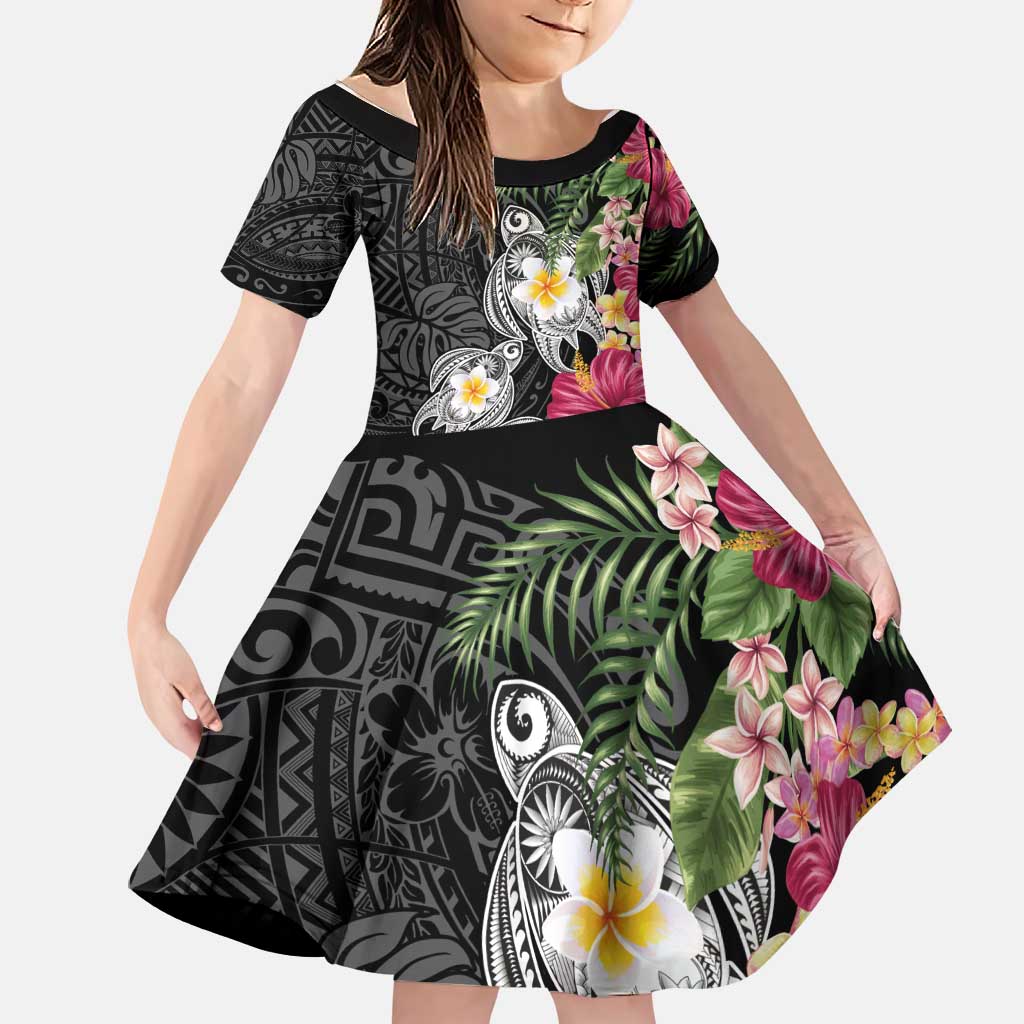 Hawaiian Tropical Flowers and Tribal Turtles Family Matching Puletasi and Hawaiian Shirt Polynesian Art Motifs Black Color LT03 Daughter's Dress Black - Polynesian Pride