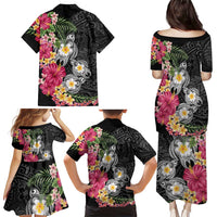 Hawaiian Tropical Flowers and Tribal Turtles Family Matching Puletasi and Hawaiian Shirt Polynesian Art Motifs Black Color LT03 - Polynesian Pride