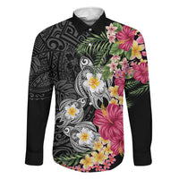Hawaiian Tropical Flowers and Tribal Turtles Family Matching Puletasi and Hawaiian Shirt Polynesian Art Motifs Black Color LT03 Dad's Shirt - Long Sleeve Black - Polynesian Pride