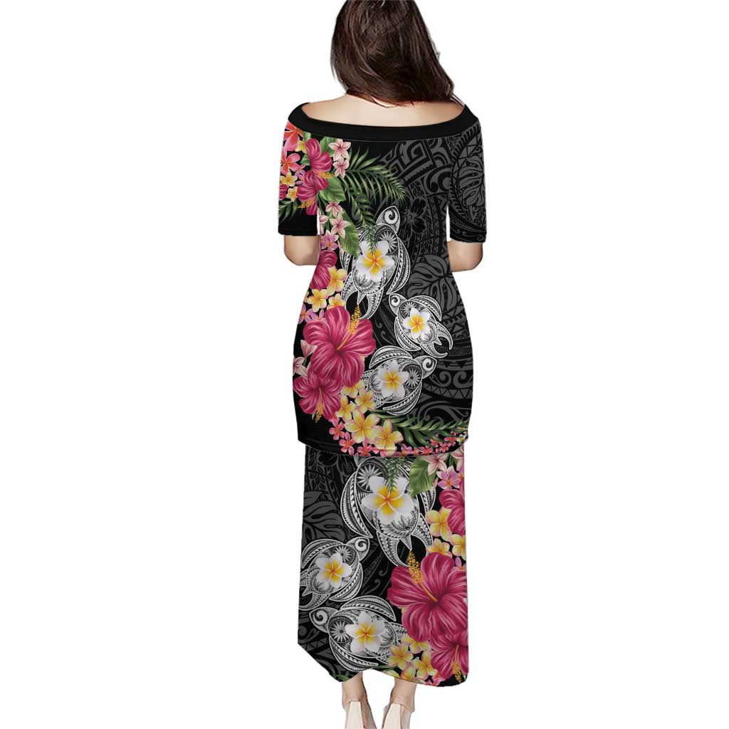 Hawaiian Tropical Flowers and Tribal Turtles Family Matching Puletasi and Hawaiian Shirt Polynesian Art Motifs Black Color LT03 - Polynesian Pride