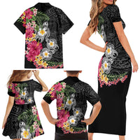 Hawaiian Tropical Flowers and Tribal Turtles Family Matching Short Sleeve Bodycon Dress and Hawaiian Shirt Polynesian Art Motifs Black Color LT03 - Polynesian Pride