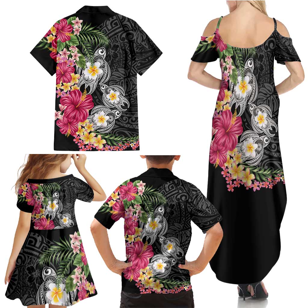 Hawaiian Tropical Flowers and Tribal Turtles Family Matching Summer Maxi Dress and Hawaiian Shirt Polynesian Art Motifs Black Color LT03 - Polynesian Pride
