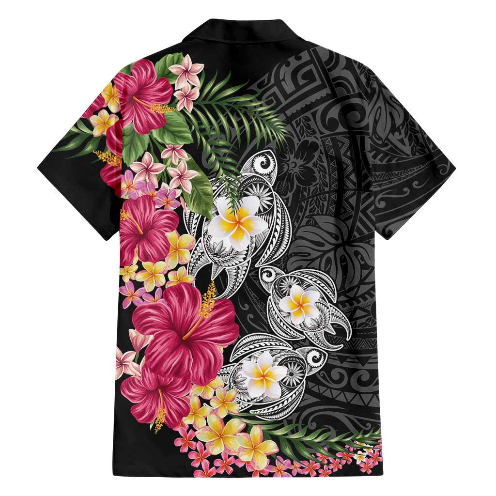Hawaiian Tropical Flowers and Tribal Turtles Family Matching Summer Maxi Dress and Hawaiian Shirt Polynesian Art Motifs Black Color LT03 - Polynesian Pride