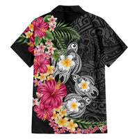 Hawaiian Tropical Flowers and Tribal Turtles Family Matching Summer Maxi Dress and Hawaiian Shirt Polynesian Art Motifs Black Color LT03 - Polynesian Pride