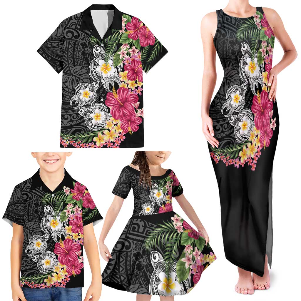 Hawaiian Tropical Flowers and Tribal Turtles Family Matching Tank Maxi Dress and Hawaiian Shirt Polynesian Art Motifs Black Color LT03 - Polynesian Pride